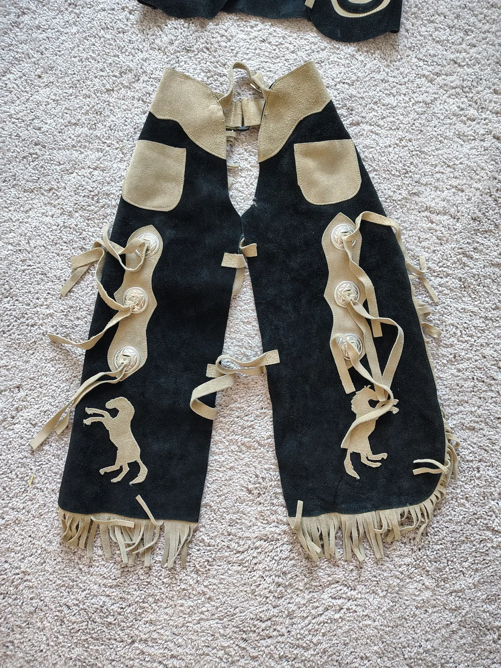 Toug-Kids Leather Suede Western Chaps & Vest Set Rearing Horse Fringe, Sz L